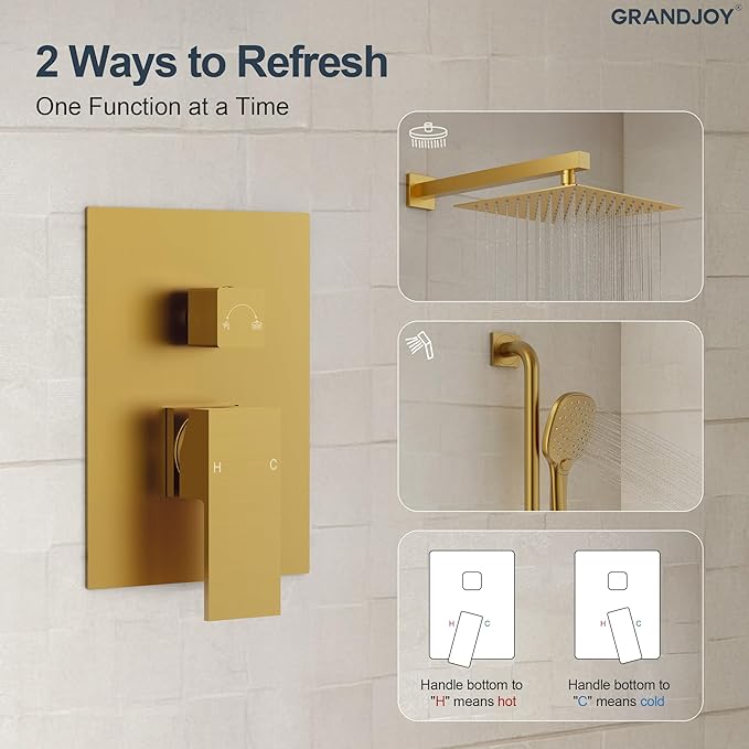 Brushed Gold 10 Inch Rainfall Shower System with Handheld Spray & Adjustable Slide Bar, Wall Mount Bathroom Shower Faucet Set, Valve Included