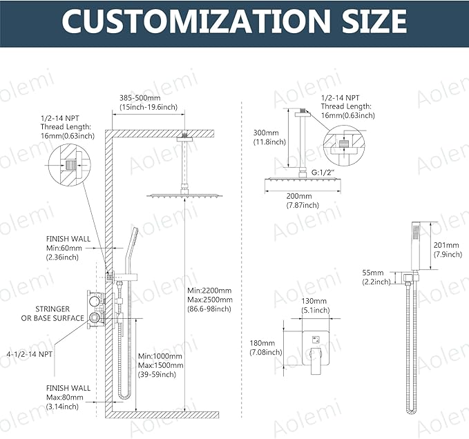 Aolemi Ceiling Mount Shower System Rain Shower Head with Handheld Spray High Pressure Shower Faucet Set Rough-in Valve Shower Trim Kit Included Bathroom Polish Chrome 8 Inch Ceiling Shower Head