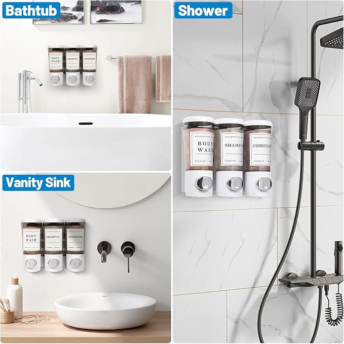 Shampoo and Conditioner Dispenser 450ml * 3, Shower Dispenser 3 Chamber No Drill Shower Soap Dispenser Wall Mounted Large Capacity Refillable Shampoo Body Wash Dispensers for Bathroom Hotel