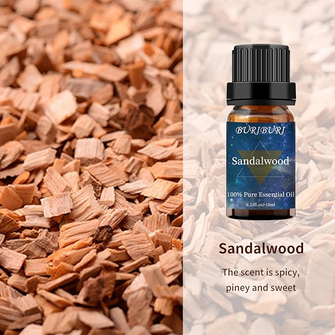 BURIBURI Sandalwood Oils and Vetiver Essential Oils Gifts Set, 2Pcs 100% Pure Aromatherapy Sandalwood Essential Oils for Diffuser, Massage, Soap Making
