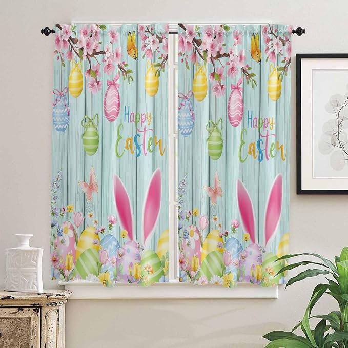 Happy Easter Bedroom Curtains 63 Inches length, Spring Bunny Eggs Flower Teal - Image 2