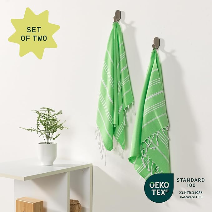 WETCAT Turkish Hand Towels with Hanging Loop, Set of 2 (20" x 30") 100% Turkish Cotton, Pre-Washed, Quick Drying, for Kitchen or Bathroom - Lime Green