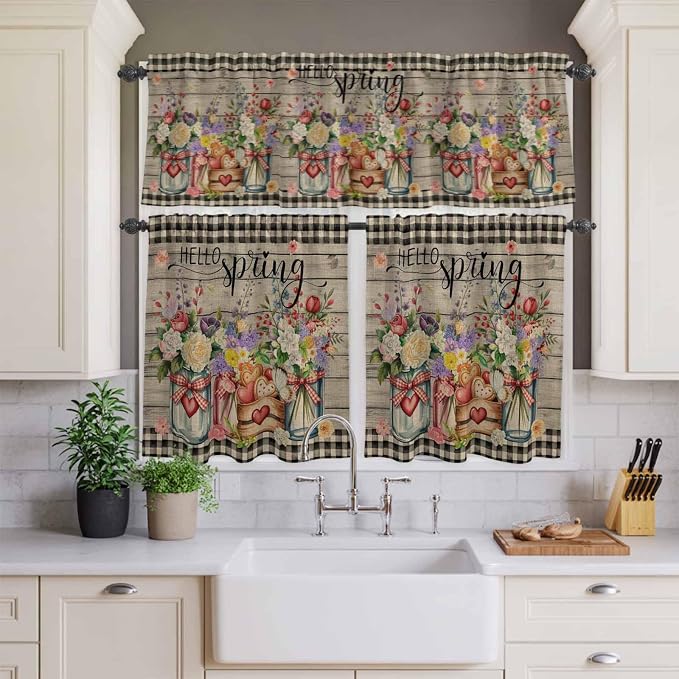 Spring Flowers Kitchen Curtain Set, Farmhouse Vintage Black Plaid Wood Grain - Image 3