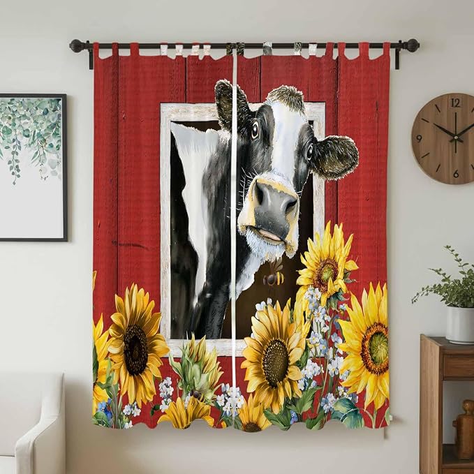 Cows Sunflowers Living Room Curtains 84 Inch Length, Window Curtains Tab Top - Image 2