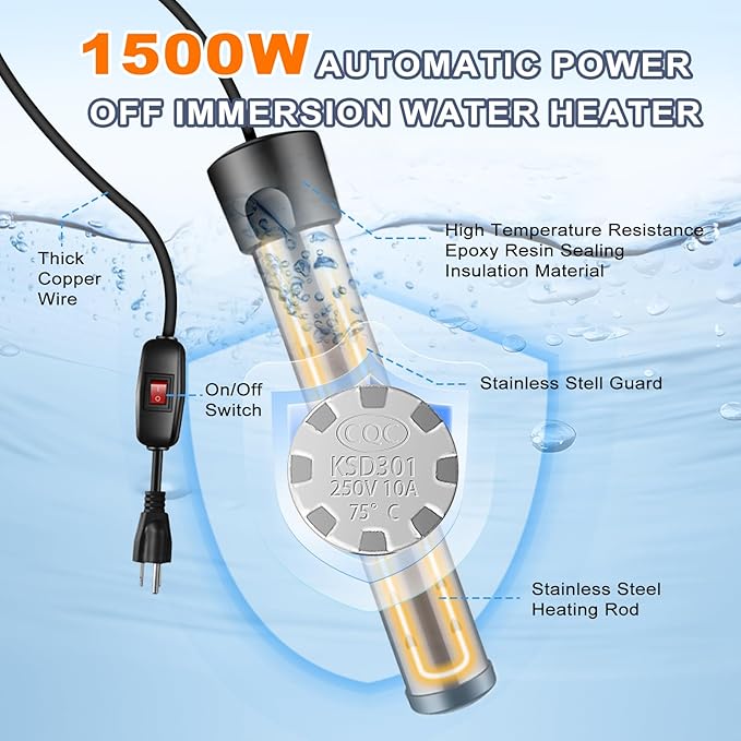 Portable Shower with Heater, Long-Lasting 6000mAh Rechargeable Camping Shower with 1500W Auto-Off Immersion Water Heater, Ideal for Outdoor Camping, Travel, Car Washing, Pet Bathing