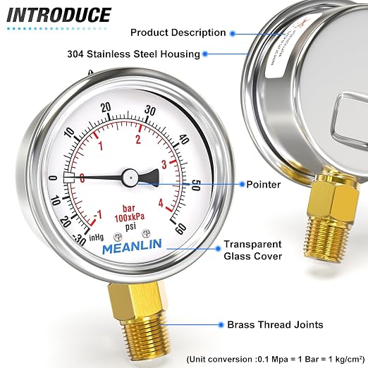 MEANLIN MEASURE -30inHG~60Psi Vacuum Gauge Stainless Steel 1/4" NPT 2" FACE - Image 4