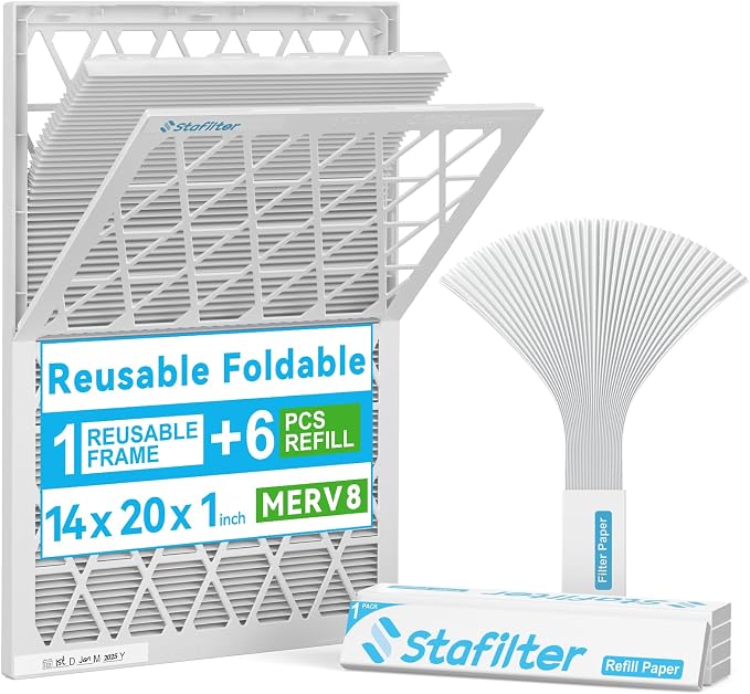 Reusable 14x20x1 Air Filter, 1 Foldable Frame + 6 Refills by Stafilter