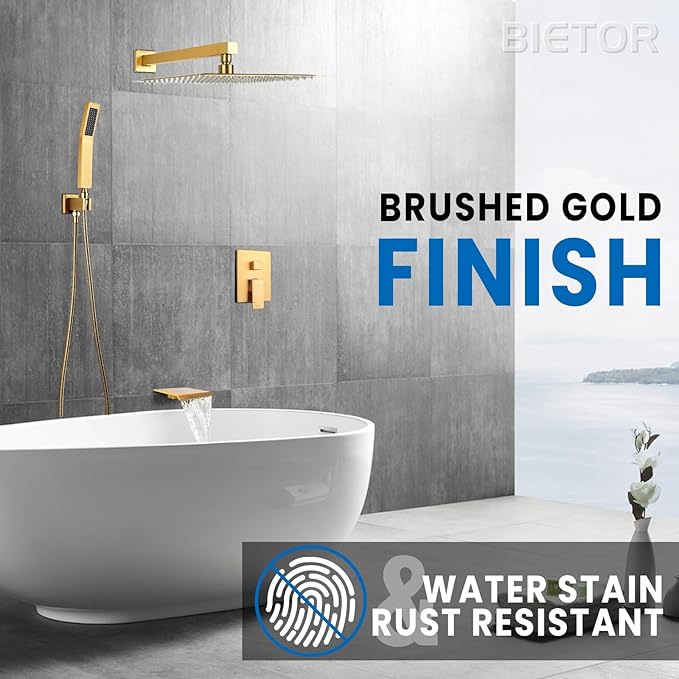 Wall Mounted Shower Faucet Set, Shower System with Tub Spout, 10 Inch Rainfall Shower Head with Handheld Spray, Waterfall Tub Spout Bathtub Faucet, Brushed Gold