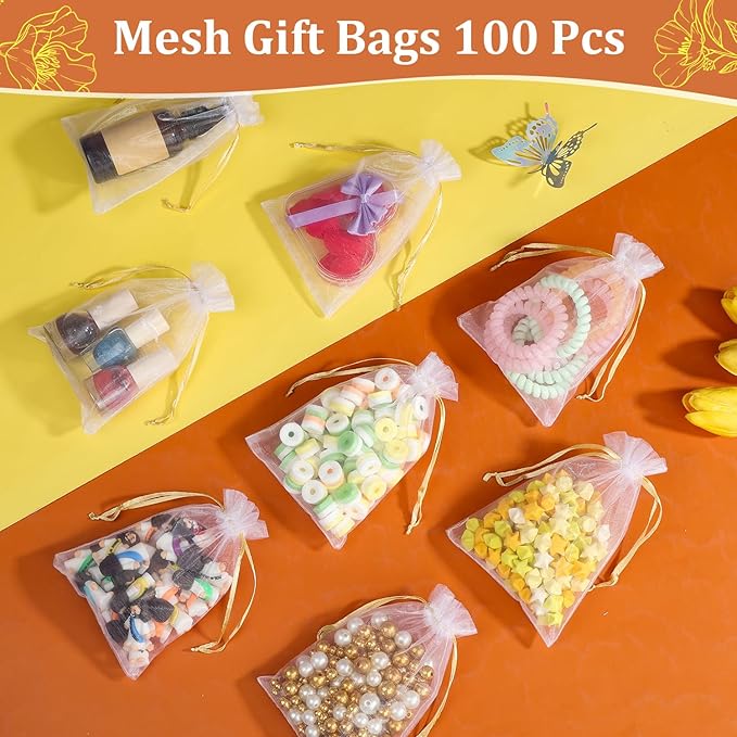100PCS Premium White Organza Bags with Gold Drawstring, 4x4.72inch Wedding Favor Gift Bags, Mesh Pouch for Jewelry, Party, Christmas, Festival, Bathroom Soaps, Makeup Organza, Wrapping Supplie