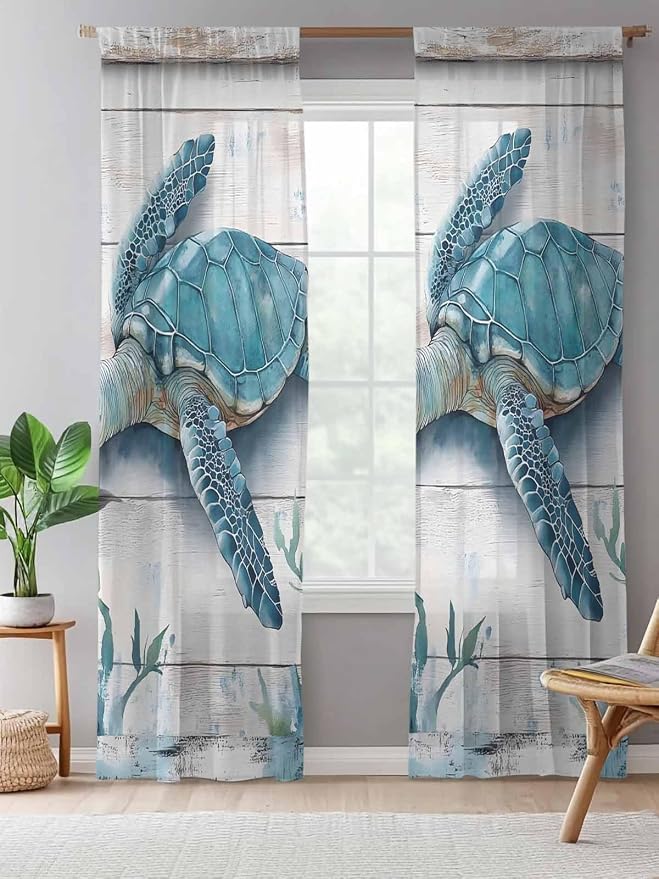 Sheer Curtains 84 Inches Long, Teal Green Sea Turtle Semi Sheer Curtains Light - Image 5