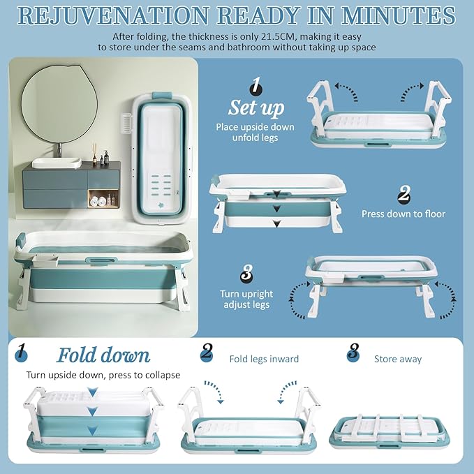 Portable Folding Bathtub for Adults, 51" Foldable Soaking Tub with Thermal Cover & Massage Roller, Large Collapsible Bathtub Freestanding, Ice Bath Tubs for Cold Plunge Spa Home Camping Trave