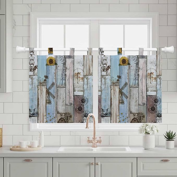 Blue Grey Wooden Kitchen Curtains 36 Inch Length, Small Window Curtains Tab Top - Image 3