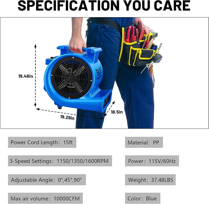 Air Mover Blower Fan, Industrial 1.5HP MAX10000CFM Monster Floor Blower Carpet - Image 2