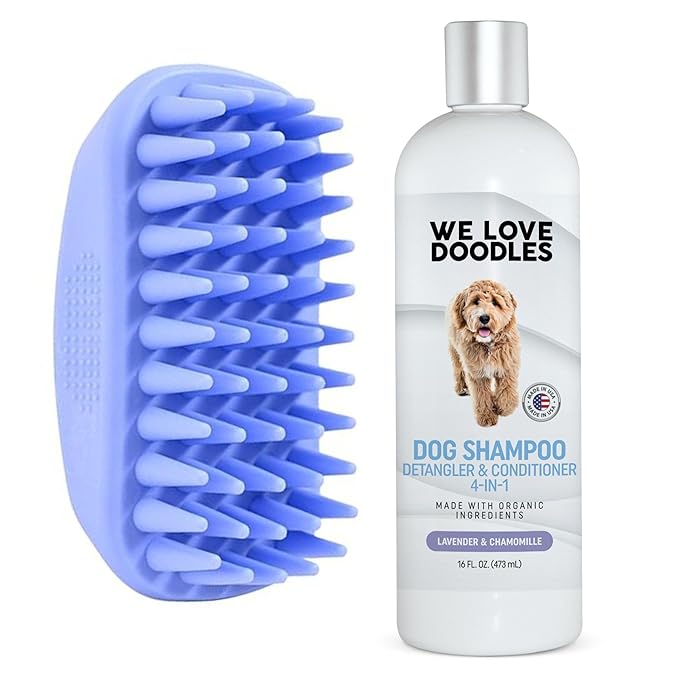 We Love Doodles Pet Rubber Bath Brush and Dog Shampoo (Bundle) - For Shower Scrubbing & Soothing Massage and Organic Dog Shampoo, Conditioner & Detangler - Made in the USA