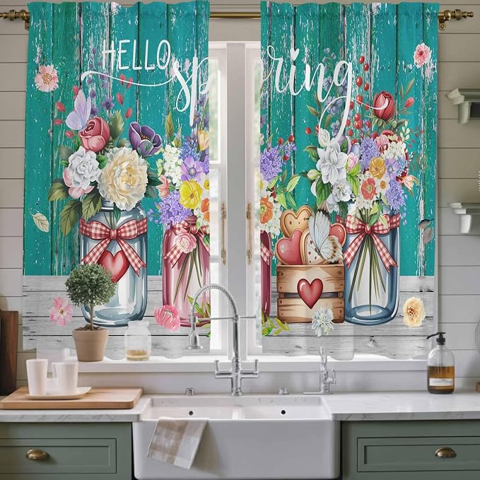 Spring Flowers Kitchen Curtains, Farmhouse Watercolor Teal Wood Grain Light - Image 2