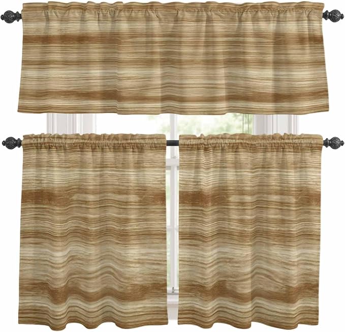 Kitchen Curtains Tiers and Valance Set of 3, Light Brown Wood Grain Light by Anzona