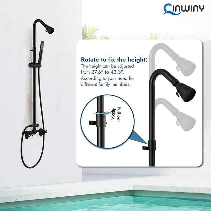 Matte Black Wall Mount Outdoor Shower Kit with Hand Held Spray Two Cross Handles with Adjustable Slide Bar Two Function Exposed Shower Faucet System