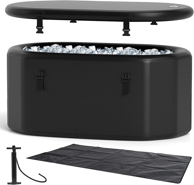 Goplus XL 129 Gal Oval Ice Bath Tub for Athletes, Inflatable Cold Plunge Tub w/Multiple Layered, Lid, Pump, Backpack, Portable Freestanding Ice Bath for Adults (129 Gal Oval, Black)