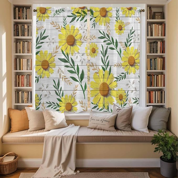 Yellow Daisy Kitchen Curtains, Farmhouse Country Flower Leaf Plant Wood Grain - Image 3