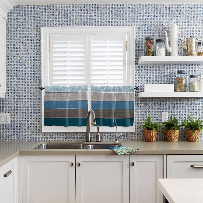 Retro Farm Blue Gray Wood Grain Window Valance Curtains, Rustic Wooden Plank - Image 9