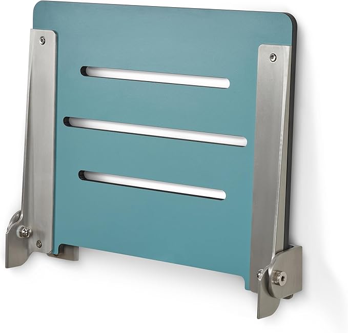 18 inch Silhouette Slimline Folding Wall Mount Shower Bench Seat, Teal Seat with Silver Frame
