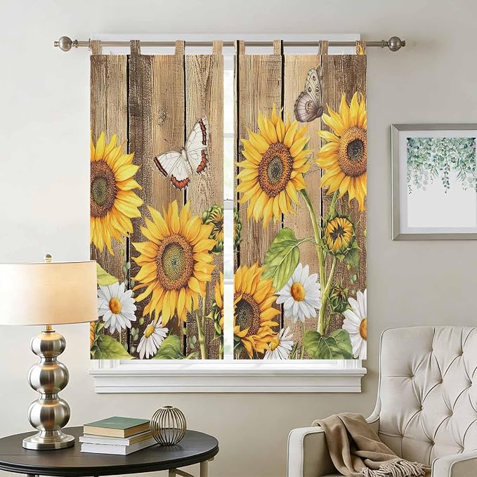 Farmhouse Sunflowers Bedroom Curtains 72 Inch Length, Window Curtains Tab Top - Image 2