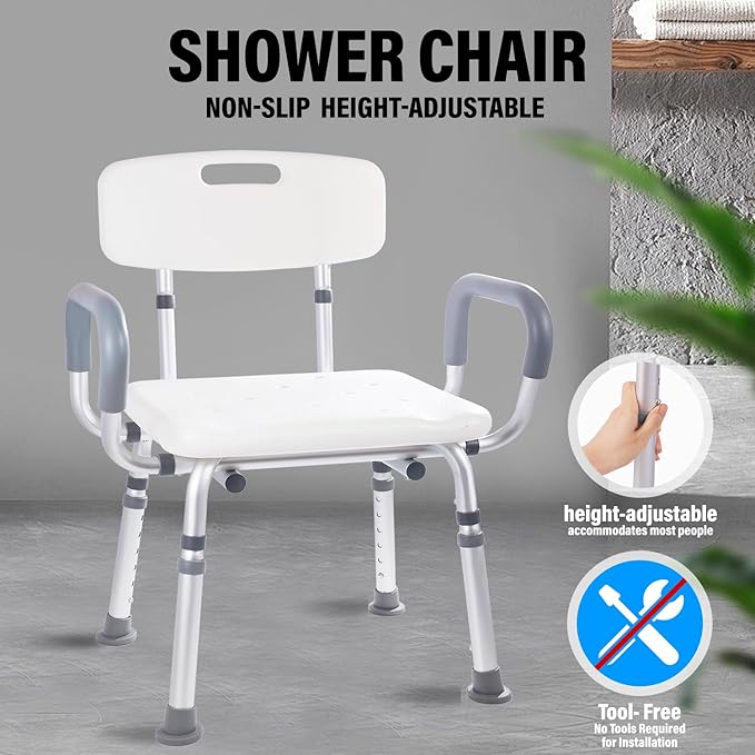 FSA/HSA,500 lbs Heavy Duty Shower Seat for SeniorsShower Chair for Inside Shower with Arms and Back, Height Adjustable Shower Chair for Elderly and Disabled with Enhanced Non-Slip Feet