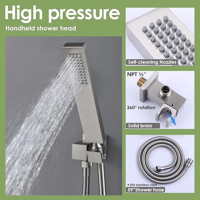 Enga Rain Shower System with Body Jets, 12" Ceiling Rain Shower, All Metal Multiple Shower Head System, Contain Rough-in Shower Valve, Brushed Nickel