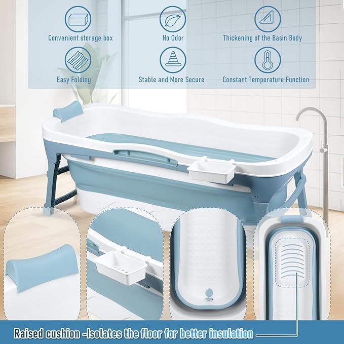 Portable Bathtub Portable Tub for Adults, 56" Foldable Bathtub for Adults Free Standing Tub for Shower, Ice Bath, Sitz Bath, Freestanding Bathtubs with Neck Pillow Blue