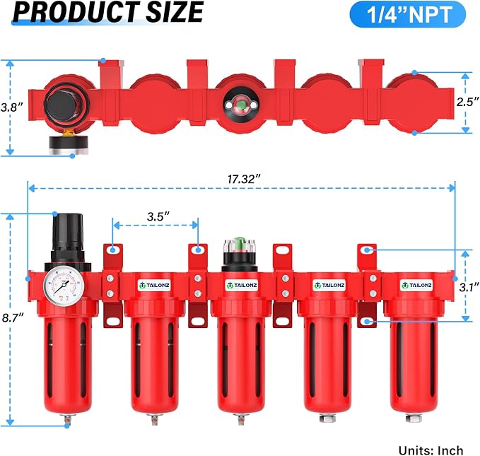 TAILONZ PNEUMATIC 0-150PSI 1/4 Inch NPT Red Industrial Grade 5 Stage Air Drying - Image 2