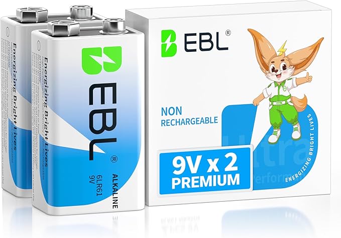 EBL 9V Batteries 2-Pack, Reliable Long Lasting Alkaline 9V Battery by EBL