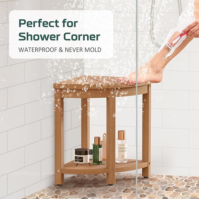 Waterproof Corner Shower Stool for Inside Shower, Poly Lumber Shower Bench Seat Chair, Bath Shower Stool for Shaving Legs Foot Rest with Storage Shelf, Adjustable & Non-Slip Feet, Teak Brown