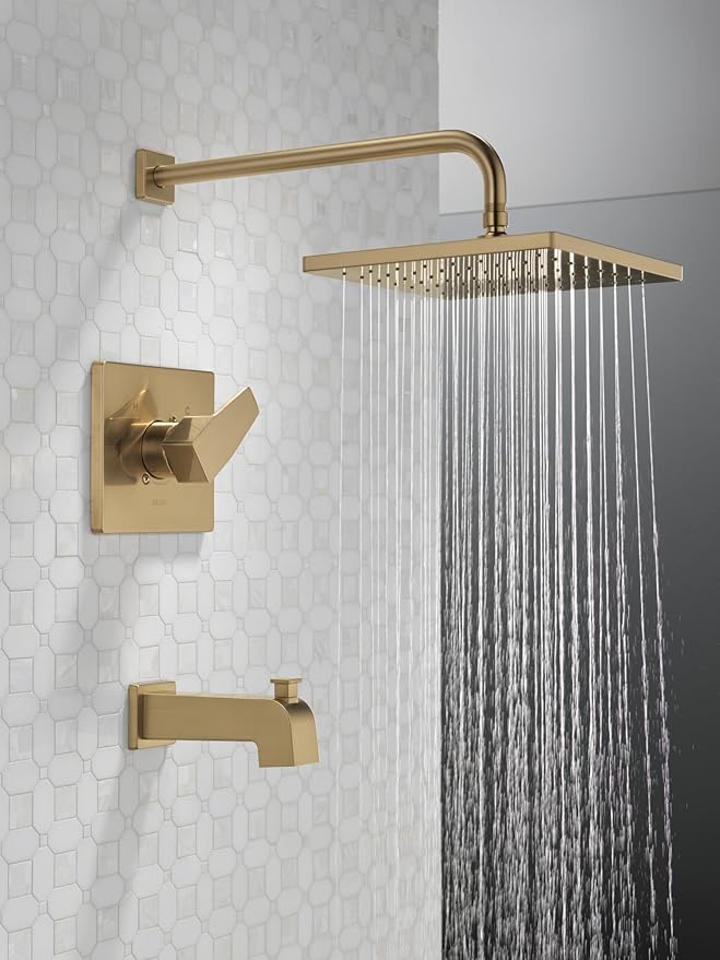 Delta Faucet Modern Raincan Square Single-Function Tub and Shower Trim Kit Gold, Tub Faucet Set, Rainfall Shower Head Gold, Delta Shower Kit, Champagne Bronze T14468-CZ-PP (Valve Not Included)