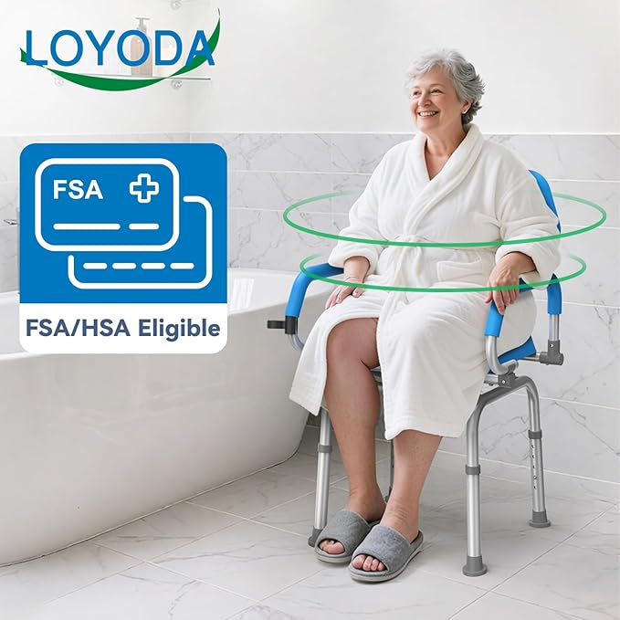FSA/HSA Eligible Swivel Shower Chair with Arms and Back, Padded Shower Bench with Pivoting Arms, Height Adjustable Shower Chair for Elderly and Disabled, 400 lbs