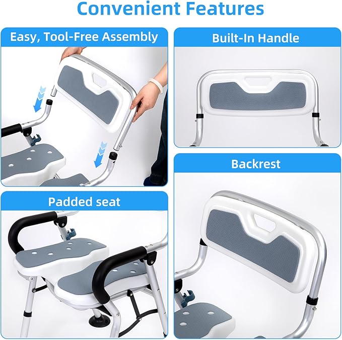 Shower Chair for Inside Shower,Foldable Shower Chair for Elderly and Disabled, Adjustable Height Chairs with Padded Arms and Back for Bathroom,Compact and Comfortable，Regular U-Shape