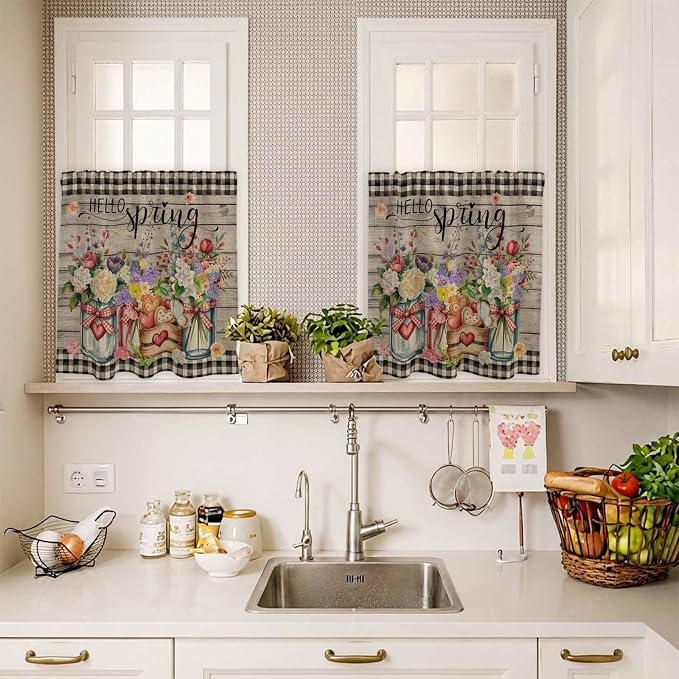 Spring Flowers Kitchen Curtain Set, Farmhouse Vintage Black Plaid Wood Grain - Image 4