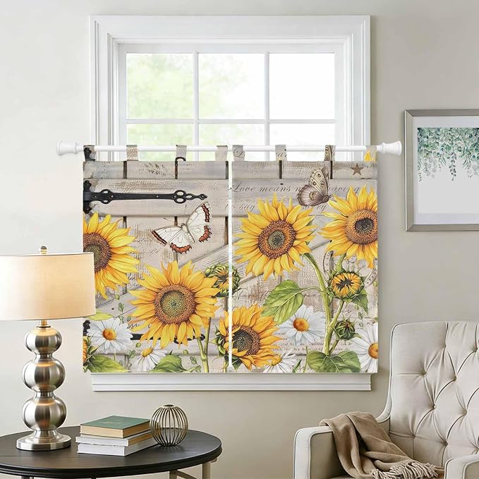 Farm Flowers Kitchen Curtains 45 Inch Length, Short Cafe Window Curtains Tab Top - Image 2