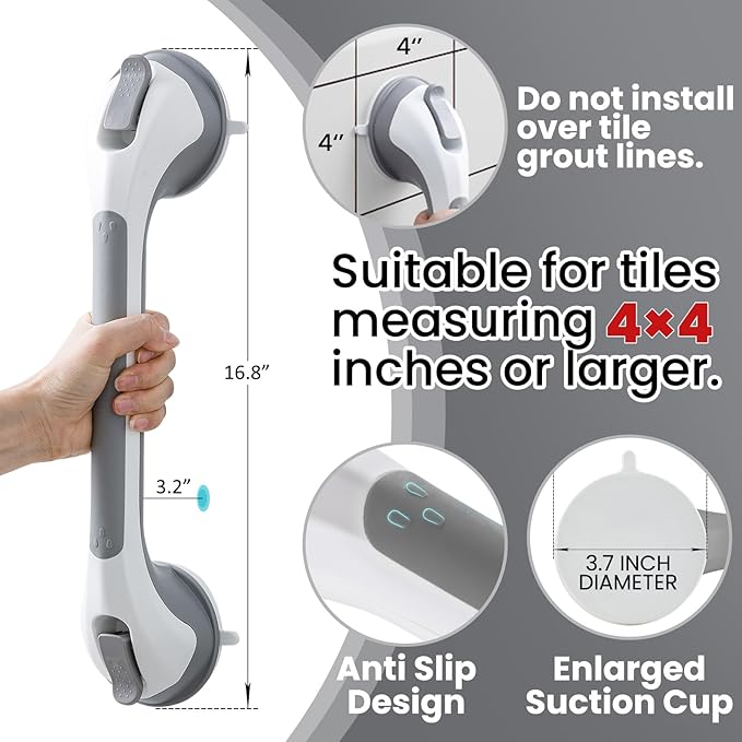 TAILI Shower Grab Bar Glow in The Dark, 16.8 in Grab Bars for Bathtubs, Shower Handles Bath Rails for Seniors and Elderly, Bathroom Safety Grip Removable No Drilling Waterproof Grey