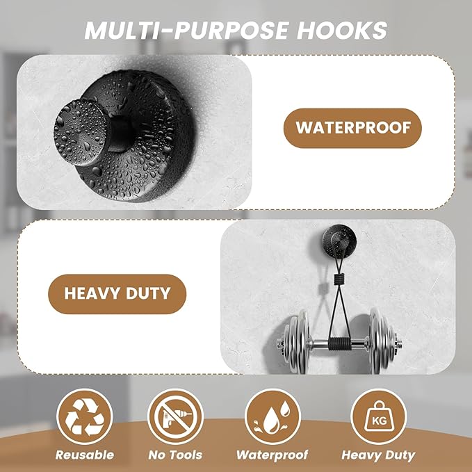 BKV Suction Cup Hooks for Glass Window,Removable Shower Hooks for Inside Shower,Metal Towel Hooks for Bathrooms,6 Pack(Black)