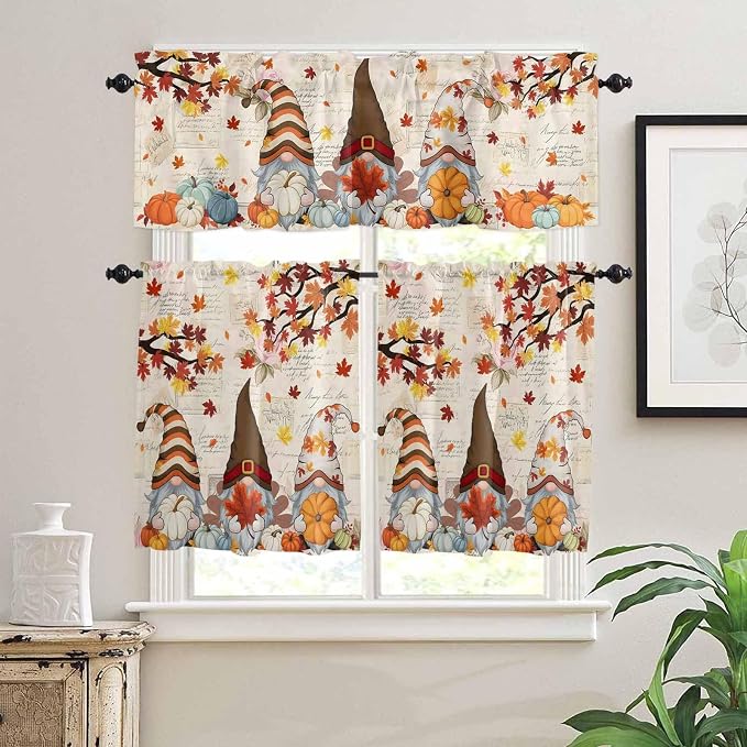 Fall Gnomes Kitchen Curtain Set, Thanksgiving Maple Leaf Rustic Pumpkin Window - Image 2