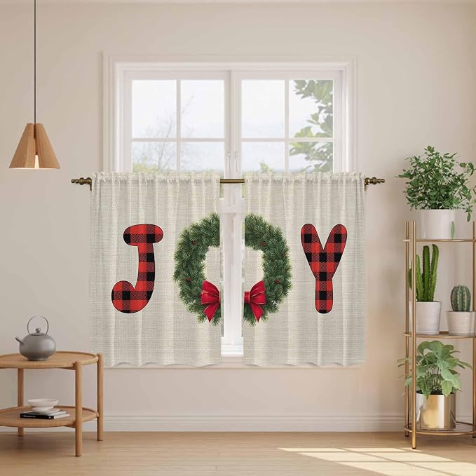 Red Green Christmas Kitchen Curtains 45 Inch Long 2 Panel Set, Rod Pocket - Image 3