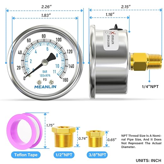 MEANLIN MEASURE 0~160Psi Dry Pressure Gauge Stainless Steel 1/4" NPT 2" FACE - Image 2