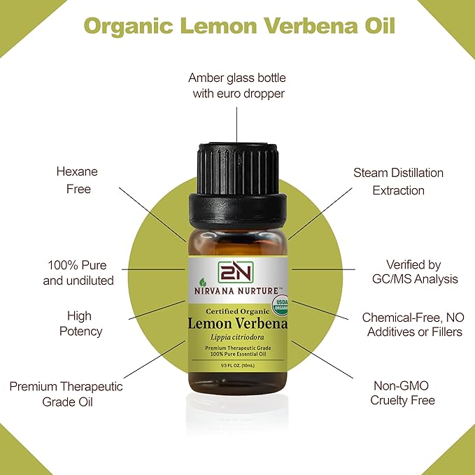 Lemon Verbena Essential Oil USDA Certified Organic, 100% Pure Natural Premium Grade, Undiluted