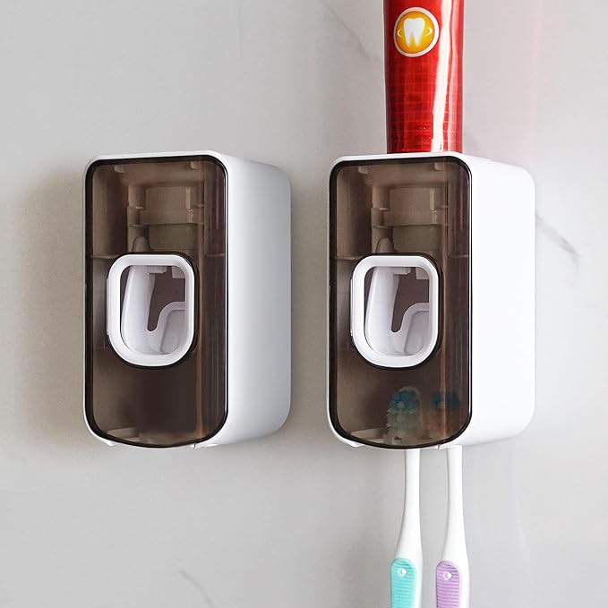 2 Slot Toothbrush Holder and Toothpaste Dispenser Wall Mounted, Automatic Toothpaste Squeezer, 2 in 1 Tooth Brush Toothpaste Organizer for Shower (Grey 2Pack)