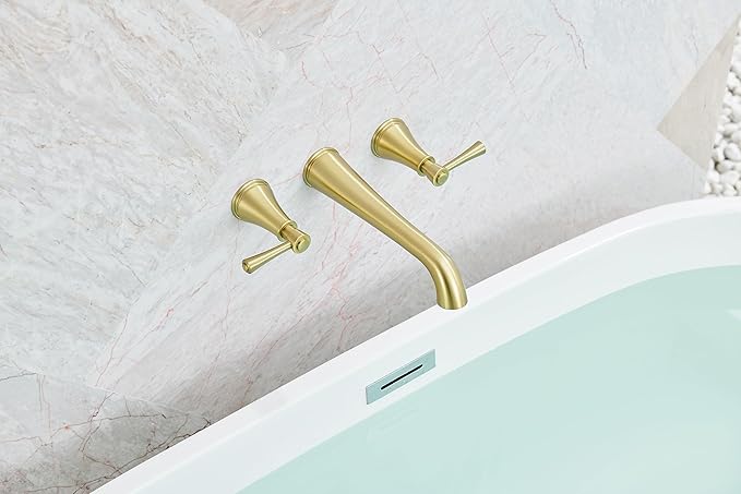 SITGES High Flow Brushed Gold Wall Mount Bathtub Faucet with Two Level Handles,Extra-Long 10.5" Spout Reach Solid Brass Wall Tub Filler with Rough-in Valve Included