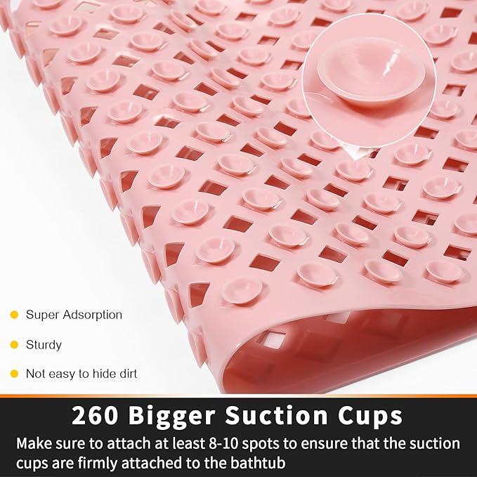 Yimobra Non Slip Bath Mat, Super Strong Suction Cups,34.5"x15.5"Long Tub Mat with Drain Holes, Machine Washable Fast Draining Shower Mats, Bathroom Essentials,Pink