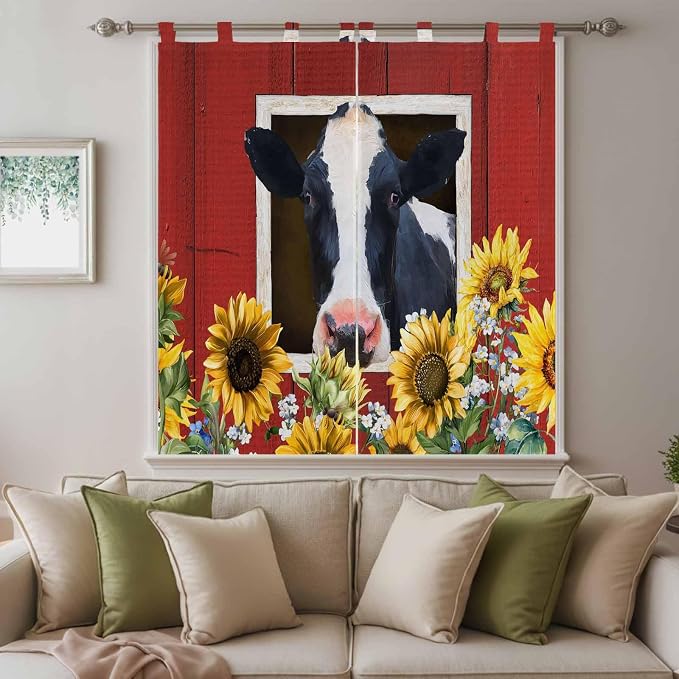 Cow Sunflowers Bathroom Curtains 63 Inch Length, Window Curtains Tab Top - Image 9