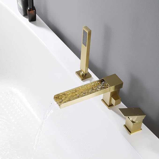 TapLong Waterfall Tub Filler Faucet with HandHeld Shower Widespread Roman Tub Faucet Set, Deck Mount 3-Holes Single-Handle Faucet in Brushed Gold, 03111BG