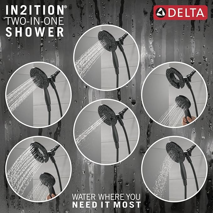Delta Faucet Albion 14 Series Single-Handle Tub and Shower Faucet Set, Black Shower Trim Kit with 4-Setting In2ition 2-in-1 Dual Hand Held Shower Head, Matte Black T144855-BL-I (Valve Not Included)