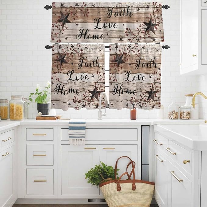 Kitchen Curtains Tiers and Valance Set of 3, Rustic Star Brown Light Filtering - Image 3